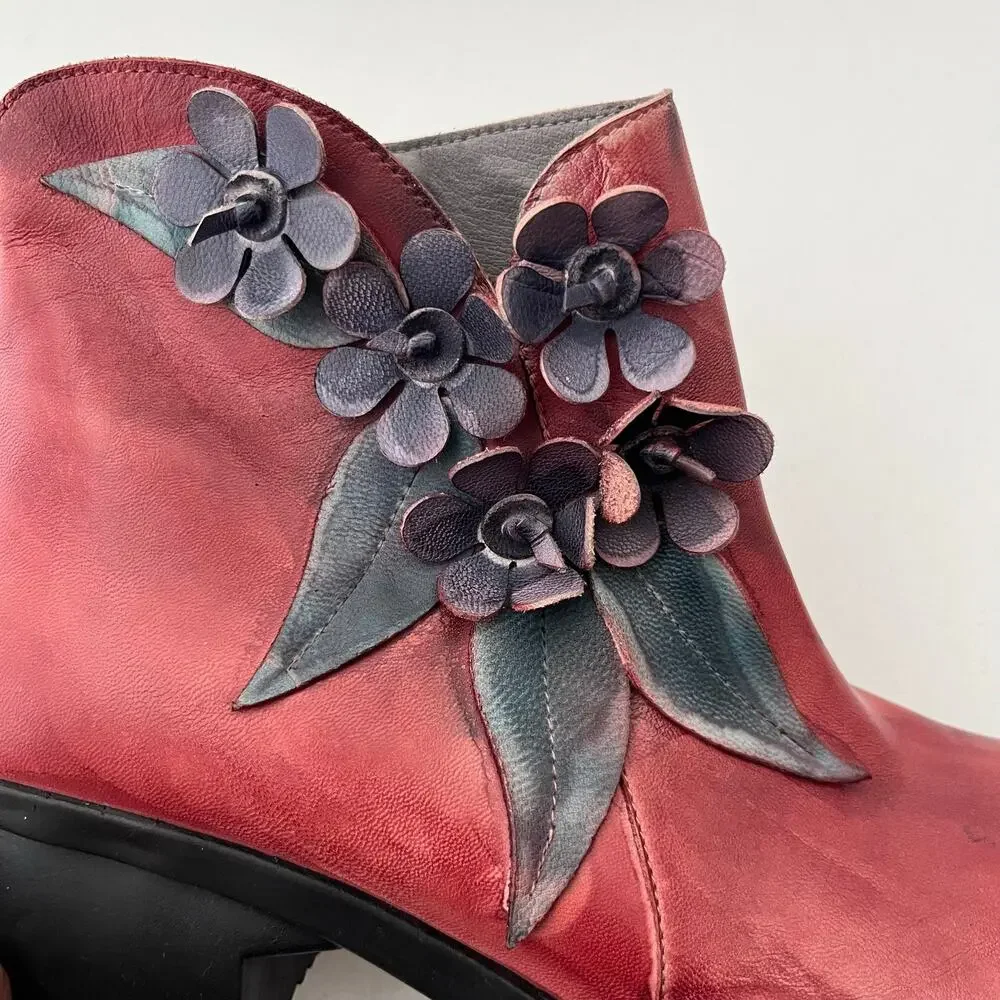 Socofy Rose Handmade Leather Ankle Boots 3D Floral Applique Artsy Size 40/9-9.5